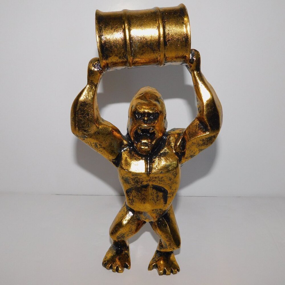 KING KONG Holding Barrel overhead figure Figurine 9.5" Gold Black Spackle resin